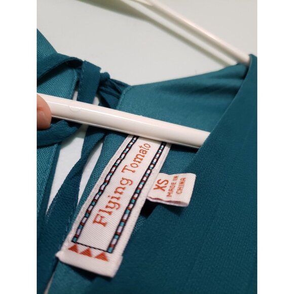 Flying Tomato Women XS Mini Dress Teal Blue V Neck Sheer Sleeve Ruffle Tier Boho - Picture 5 of 6